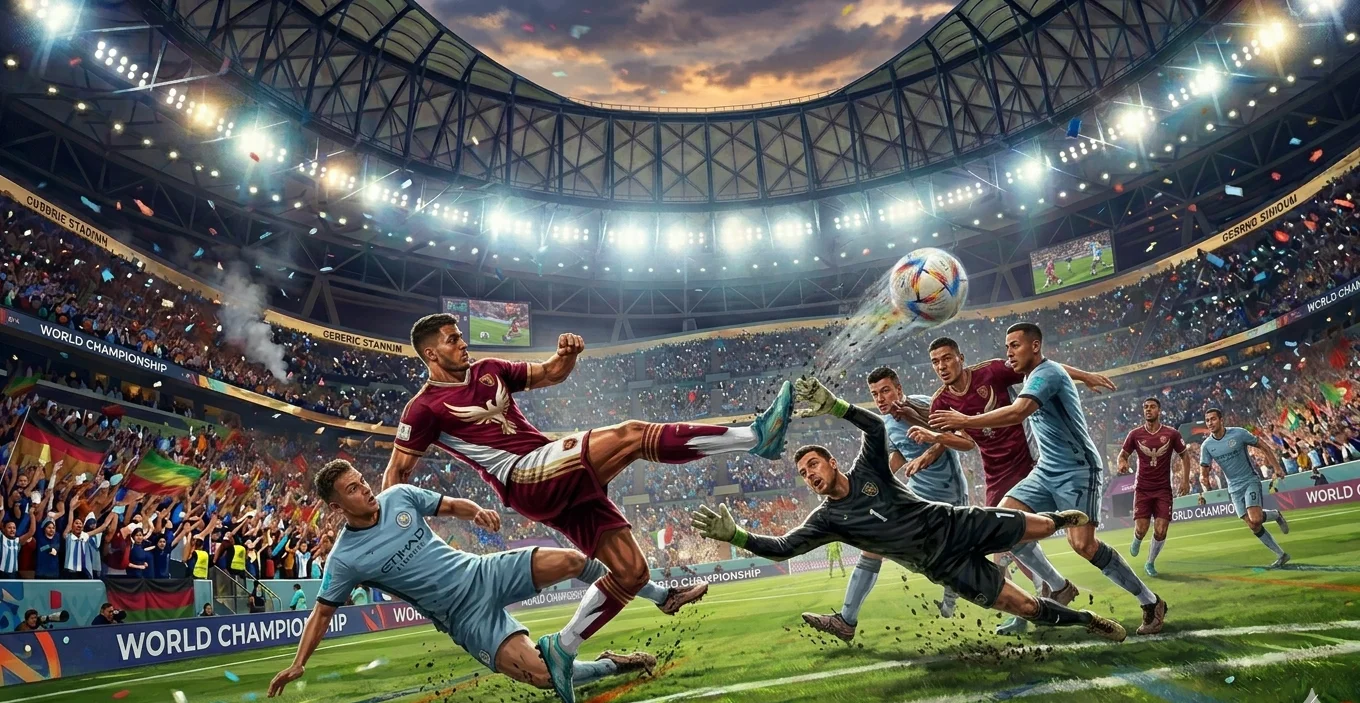 Acrobatic bicycle kick attempt on a packed World Cup stadium pitch