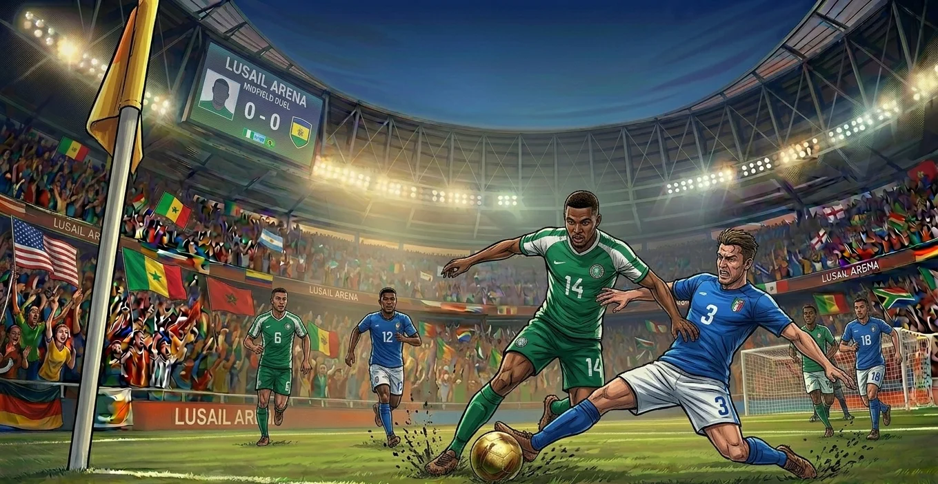 Two players battling for possession at the corner flag during a 2026 World Cup match