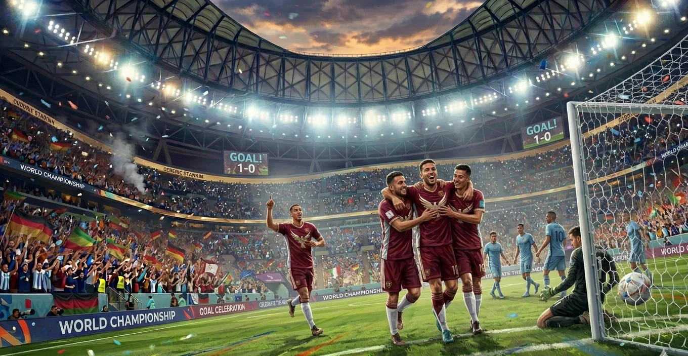 Players celebrating a goal on the touchline at a packed World Cup stadium