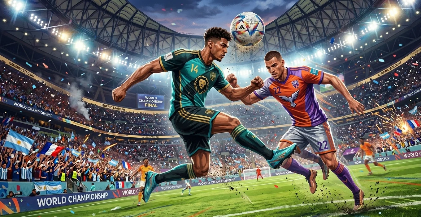 Two players competing for an aerial header at a 2026 World Cup group-stage match