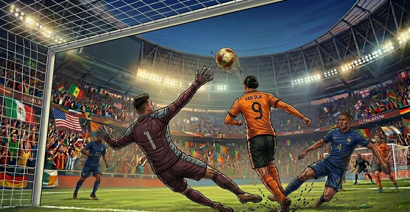 Header on goal inside a packed 2026 World Cup stadium