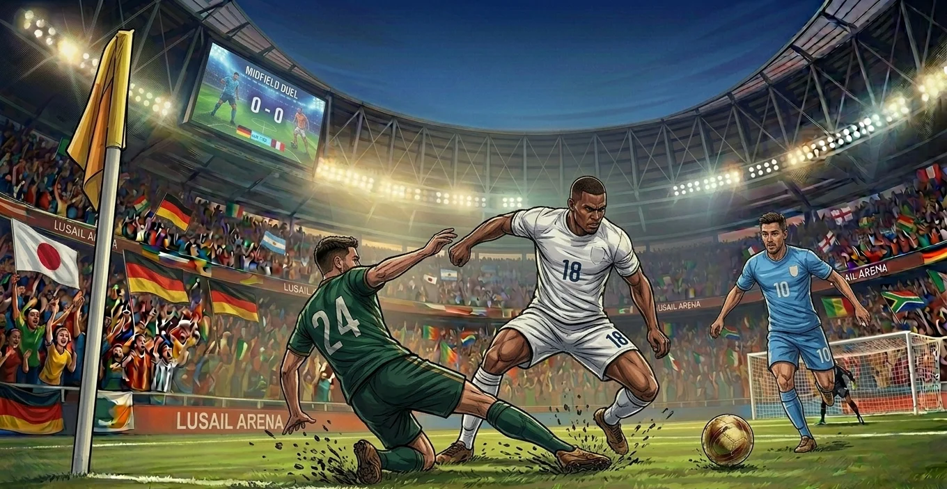 Midfield sliding tackle in a tightly contested 2026 World Cup match