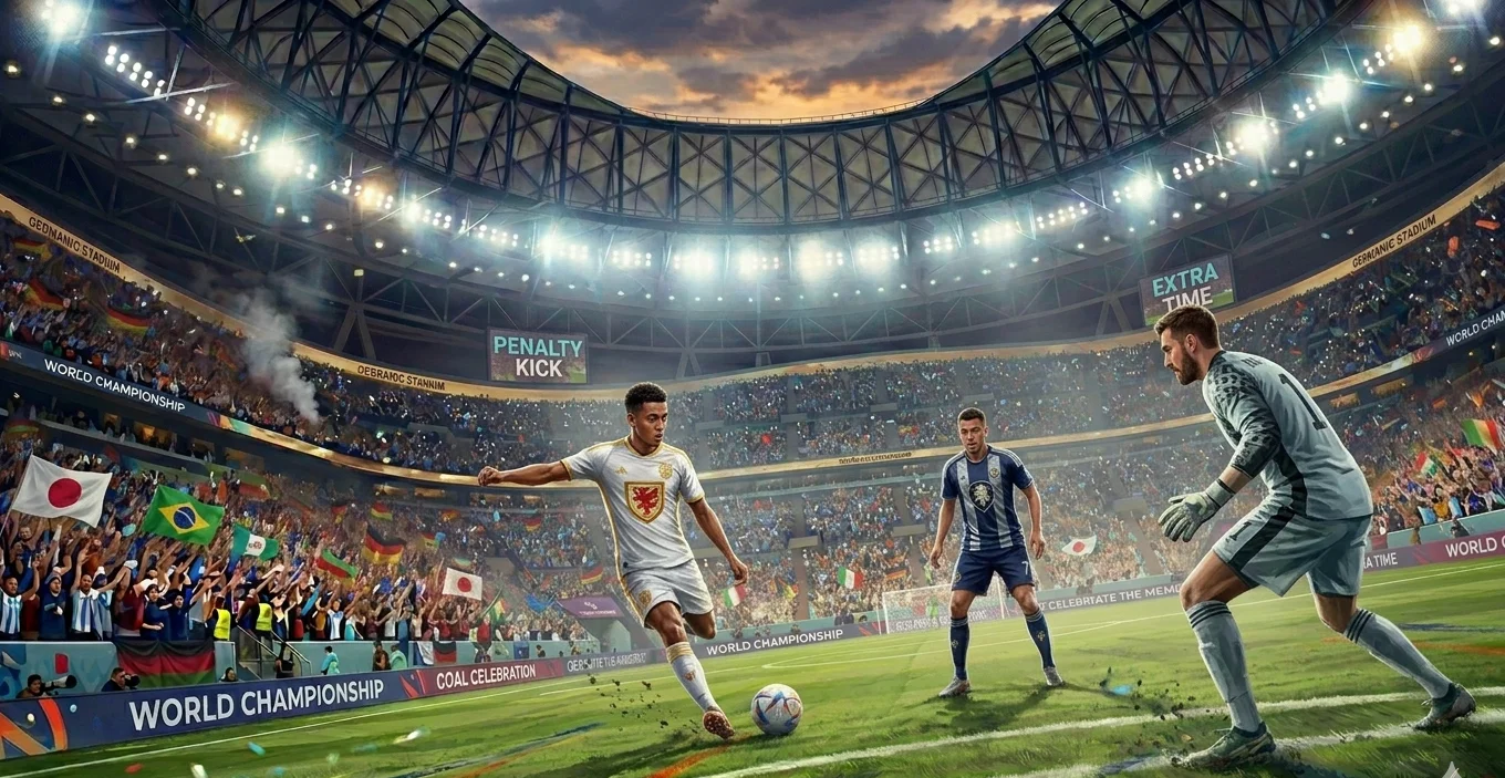 Penalty kick being taken under stadium floodlights at a 2026 World Cup match